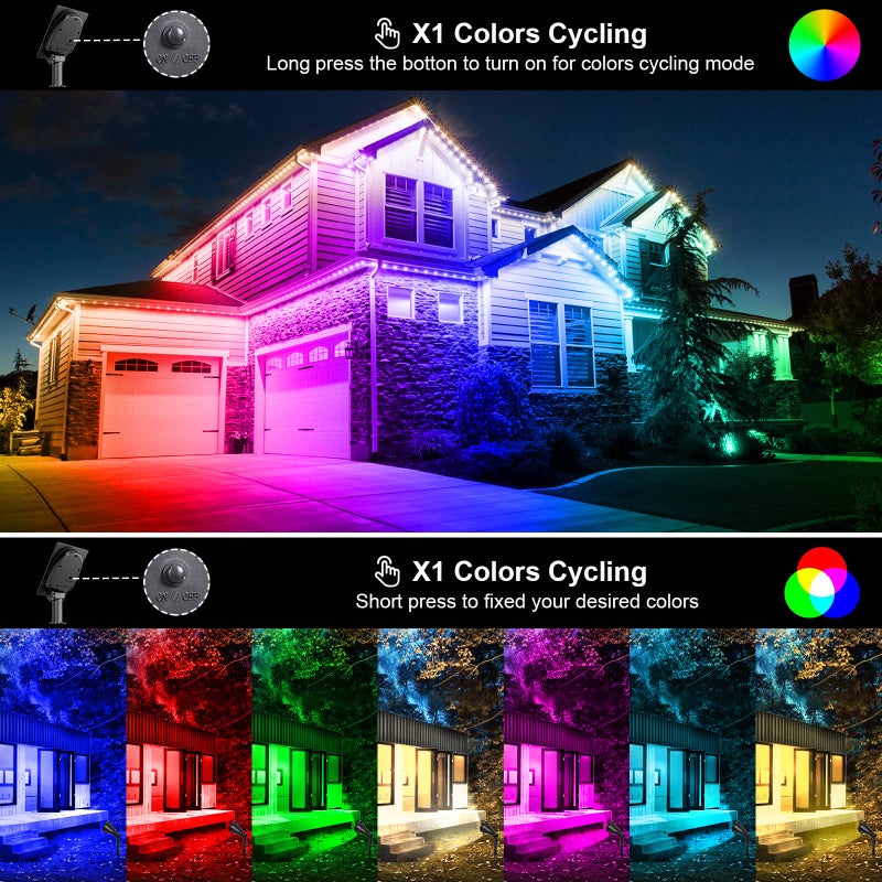 T-SUNUS أضواء سبوت لايت RGB الشمسية T-SUNUS للمناظر الطبيعية، أضواء سبوت متغيرة الألوان مقاومة للماء IP65 لبركة الحديقة، ضوء شجرة حائط قابل للتعديل بزاوية 180 درجة مثبت بشكل منفصل للاستخدام الداخلي والخارجي، عبوة من 2 - Image 2